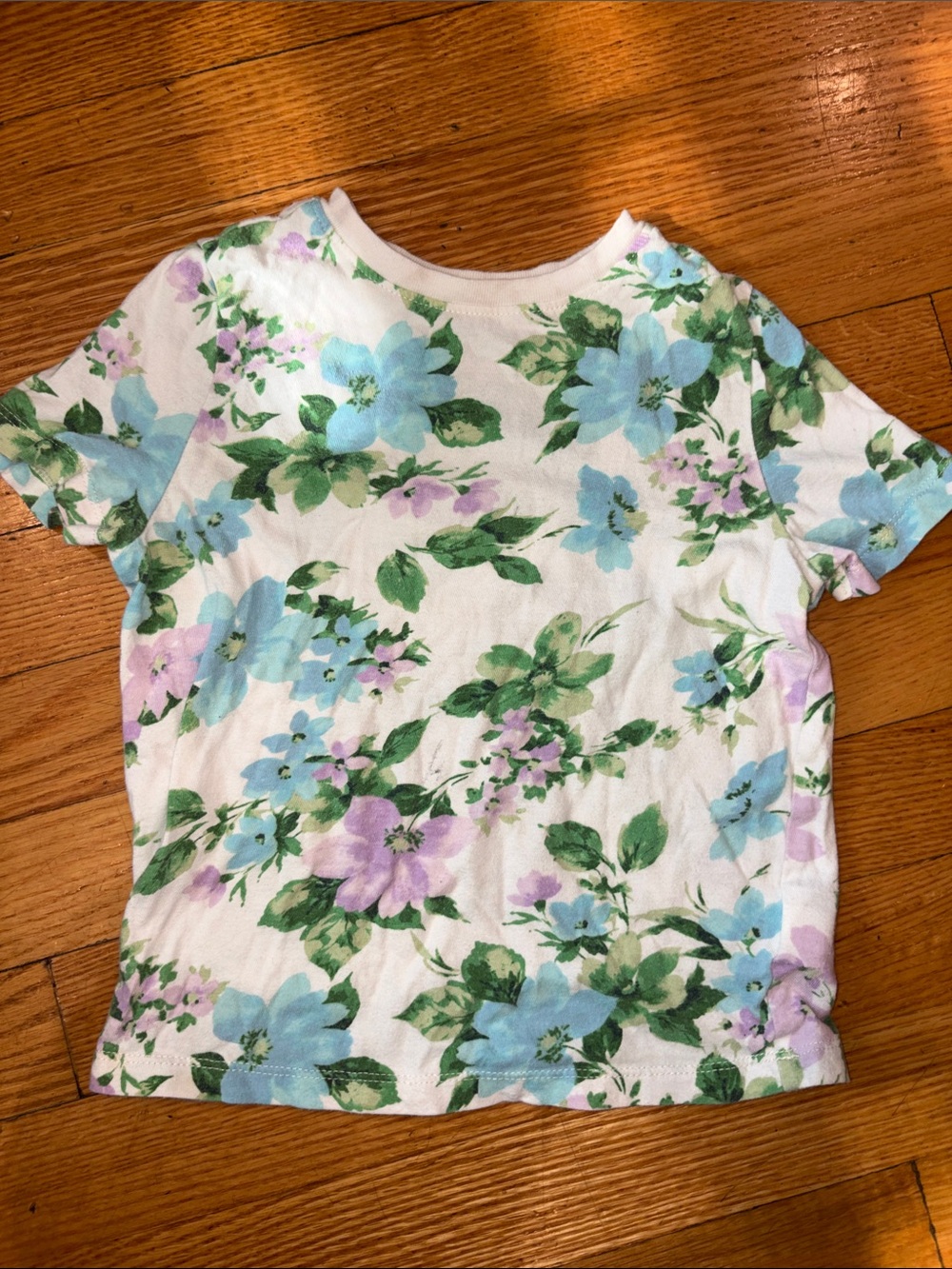 Old Navy White Floral Short Sleeve Tee with Blue & Purple Flowers